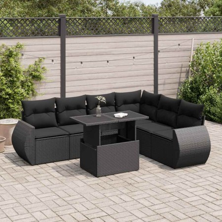 Set de sofás de jardín 7 pzas con cojines ratán sintético negro