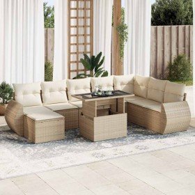Set de sofás de jardín con cojines 9 pzas ratán sintético beige