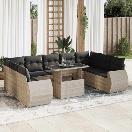 Set sofás jardín 10 pzas con cojines ratán sintético gris claro