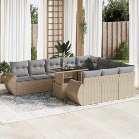 Set de sofás de jardín 11pzas con cojines ratán sintético beige