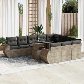 Set de sofás de jardín 11 pzas y cojines ratán sintético gris