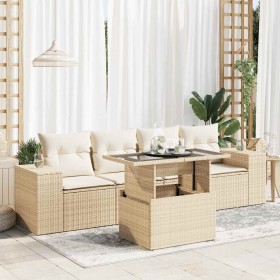 Juego de sofás jardín con cojines 5 pzas ratán sintético beige