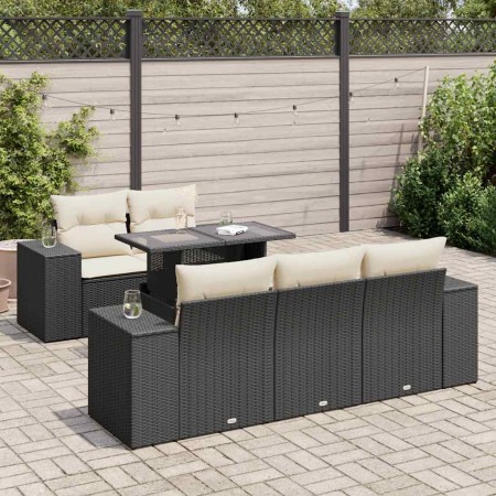 Set de sofás de jardín 6 piezas y cojines ratán sintético negro