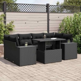 Set de sofás de jardín 7 pzas con cojines ratán sintético negro