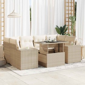 Set sofás de jardín 7 piezas y cojines ratán sintético beige