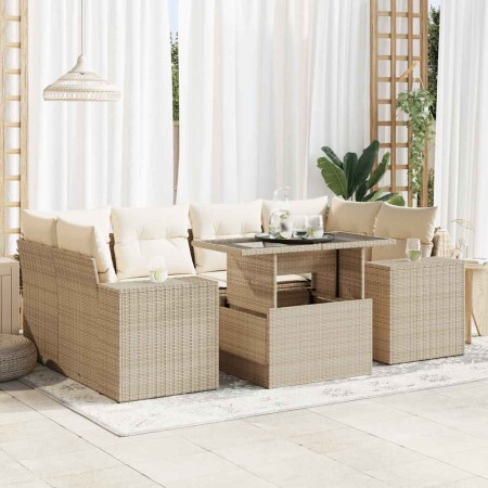 Set sofás de jardín 7 piezas y cojines ratán sintético beige