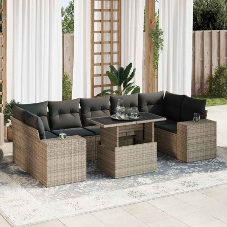 Set de sofás de jardín y cojines 8 piezas ratán sintético gris