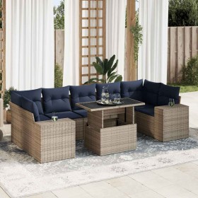 Set sofás jardín y cojines 8 pzas ratán sintético acacia gris