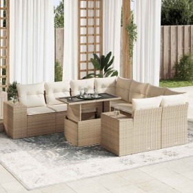 Set de sofás de jardín con cojines 9 pzas ratán sintético beige