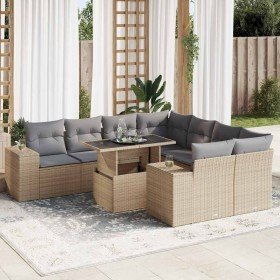 Set de sofás de jardín con cojines 9 pzas ratán sintético beige