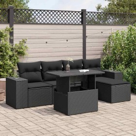 Set de sofás de jardín 6 piezas y cojines ratán sintético negro
