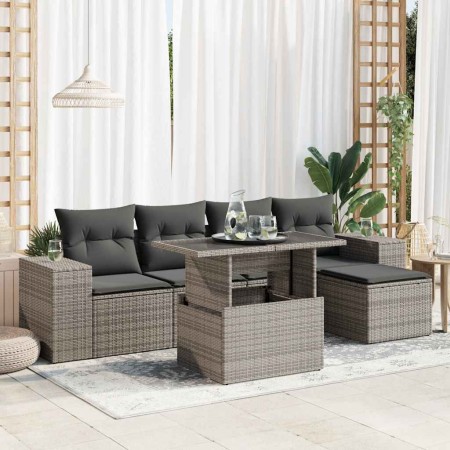Set de muebles de jardín 6 pzas y cojines ratán sintético gris
