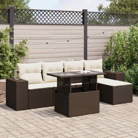 Set sofás de jardín 6 piezas y cojines ratán sintético marrón
