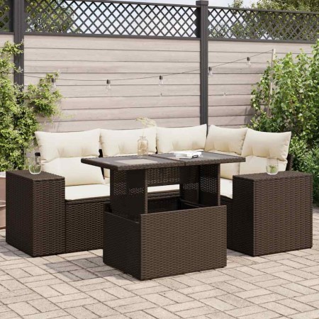 Set comedor de jardín 5 piezas y cojines ratán sintético marrón