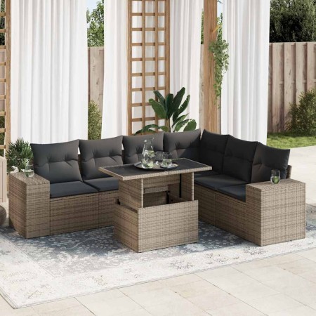 Set de sofás de jardín 7 pzas con cojines ratán sintético gris
