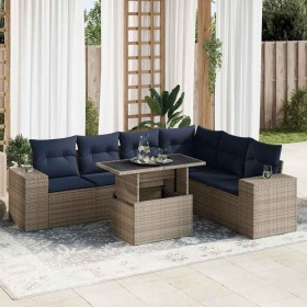 Juego Sofá Jardín 7 Piezas con Cojines Gris Poli Ratán Acacia