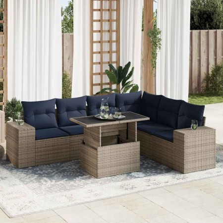 Juego Sofá Jardín 7 Piezas con Cojines Gris Poli Ratán Acacia
