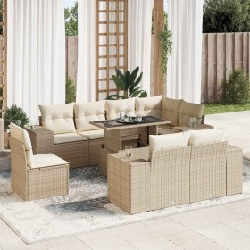 Set de sofás de jardín con cojines 9 pzas ratán sintético beige
