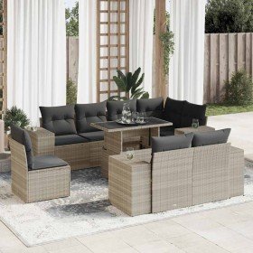 Set muebles jardín 9 pzas y cojines ratán sintético gris claro