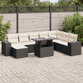 Set de sofás de jardín con cojines 9 pzas ratán sintético negro