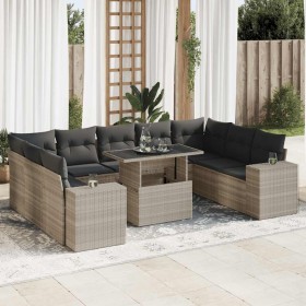 Set sofás jardín 10 pzas con cojines ratán sintético gris claro