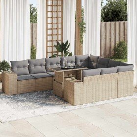 Set de sofás de jardín 11pzas con cojines ratán sintético beige Set de sofás de jardín 11pzas con cojines ratán sintético beige