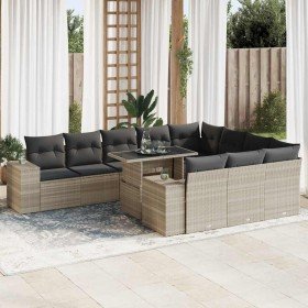 Set de sofás de jardín 11 pzas y cojines ratán sintético gris
