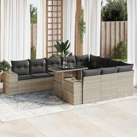 Set de sofás de jardín 11 pzas y cojines ratán sintético gris