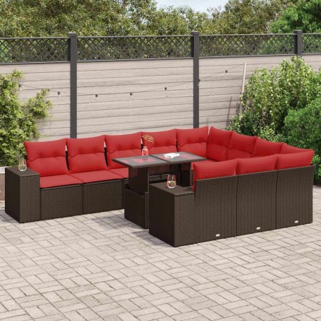 Set de sofás de jardín 11 pzas cojines ratán sintético marrón