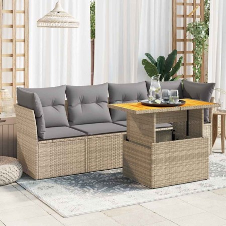 Juego de sofás jardín con cojines 5 pzas ratán sintético beige