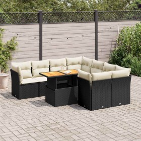 Set de sofás de jardín con cojines 9 pzas ratán sintético negro