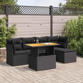Set de sofás de jardín 6 piezas y cojines ratán sintético negro