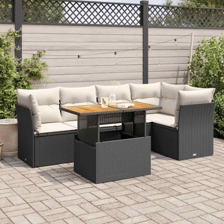 Set de sofás de jardín 6 piezas y cojines ratán sintético negro