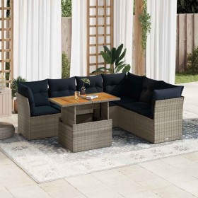 Set de sofás de jardín 7 pzas con cojines ratán sintético gris