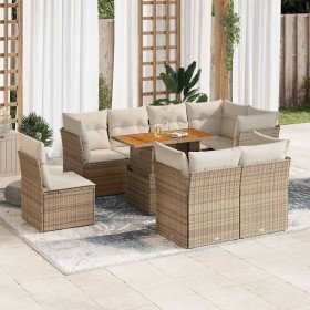 Set de sofás de jardín con cojines 9 pzas ratán sintético beige