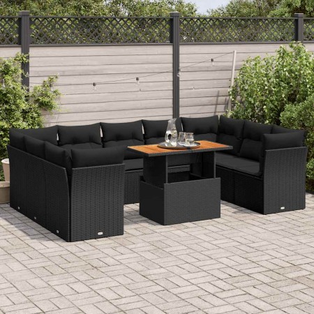 Set de sofás de jardín y cojines 10 pzas ratán sintético negro