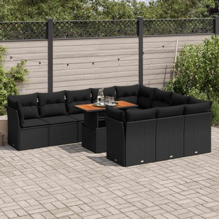 Set de sofás de jardín 11 pzas y cojines ratán sintético negro