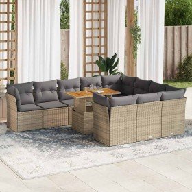 Set de sofás de jardín 11pzas con cojines ratán sintético beige