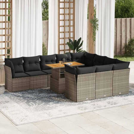 Set de sofás de jardín 11 pzas y cojines ratán sintético gris