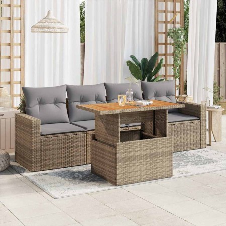 Juego de sofás jardín con cojines 5 pzas ratán sintético beige