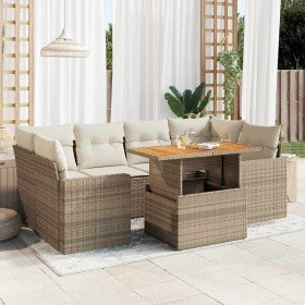 Set sofás de jardín 7 piezas y cojines ratán sintético beige