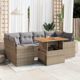 Set sofás de jardín 7 piezas y cojines ratán sintético beige