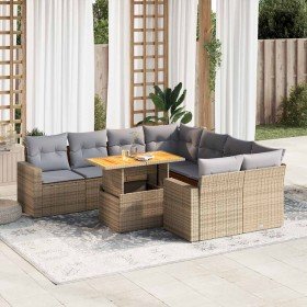 Set de sofás de jardín con cojines 9 pzas ratán sintético beige