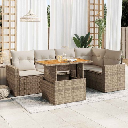 Juego de sofás jardín con cojines 6 pzas ratán sintético beige