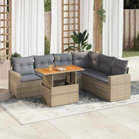 Set sofás de jardín 7 piezas y cojines ratán sintético beige