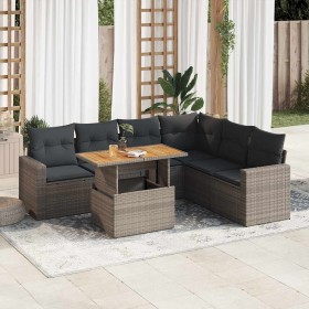 Set de sofás de jardín 7 pzas con cojines ratán sintético gris
