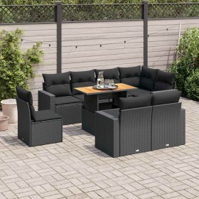 Set de sofás de jardín con cojines 9 pzas ratán sintético negro