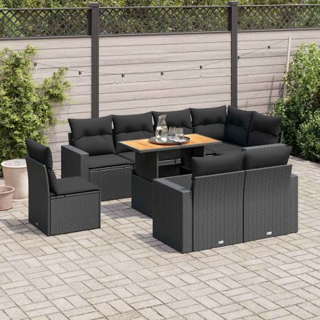 Set de sofás de jardín con cojines 9 pzas ratán sintético negro