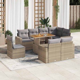Set de sofás de jardín con cojines 9 pzas ratán sintético beige
