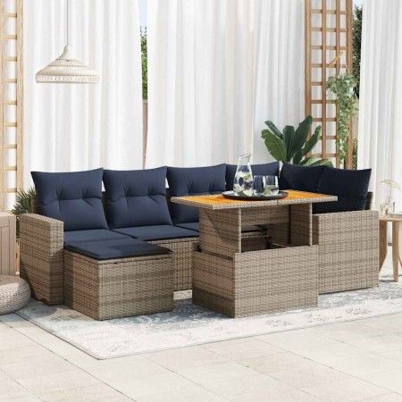 Set de sofás de jardín 7 pzas con cojines ratán sintético gris